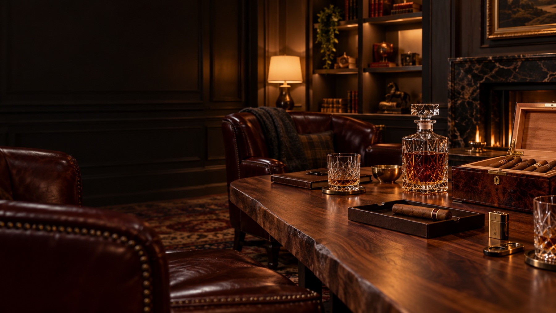 TPCC editorial photograph of a refined cigar lounge atmosphere; not a documentary image of Black Iris Social Club